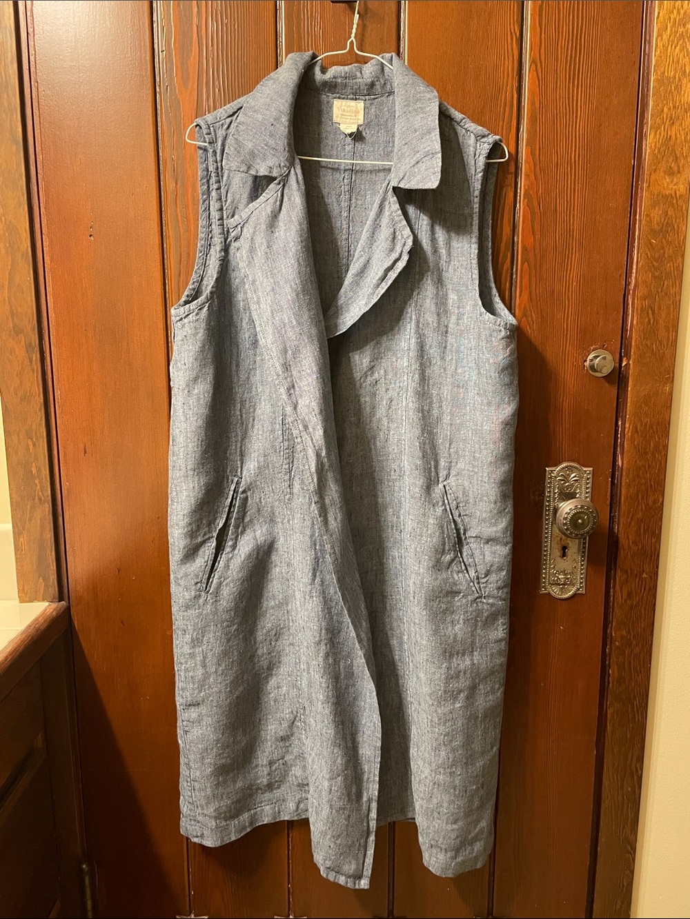 Vikolino 100% Linen Long Duster Cardigan S/M Lagenlook Boho Minimalist Blue VGUC